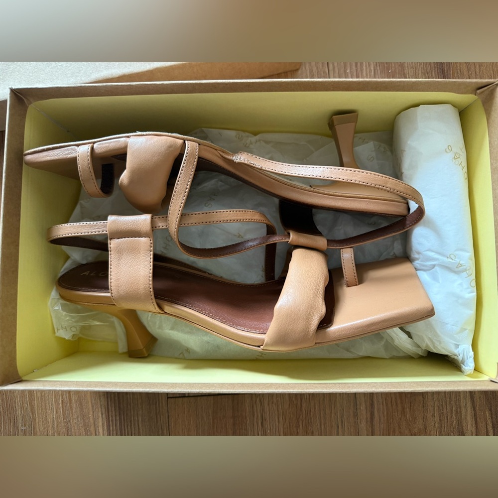 NEW ALOHAS Asymmetrical Strap Heels in Camel